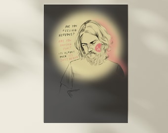 May include: A black and white illustration of a man with a beard and a sad face. The text in the image reads: "Are you feeling nervous? Are you having fun? It's almost over, it's just begun."