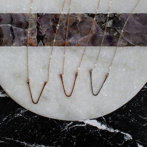 V Shaped Necklace. Geometric Necklace. Minimalist Necklace. Hand Formed. Hammered Metal. 18&quot; Chain. Sterling Silver. 14k Gold Filled