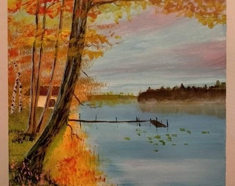 Autumn Trees By the Lake. Original Acrylic Painting.