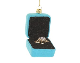 Diamond Ring in Box Glass Christmas Ornament
