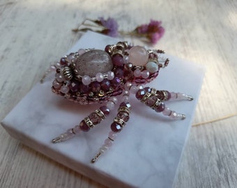 White pink spider brooch Halloween jewelry Embroidered brooch Rose quartz gemstone Halloween gift Spider jewelry pin Beaded insect brooch