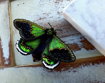 Hand Embroidered Moth butterfly brooch pin for woman jacket, Mother's day gift for Mom from daughter, Beaded insect brooch pin for her hat