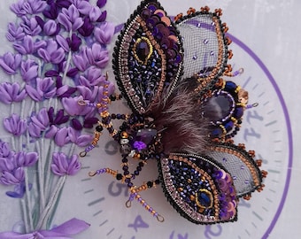 Beaded beetle brooch pin with pure Amethyst jewelry, bug brooch pin, Beaded Cicada brooch,  Moon moth butterfly brooch, Christmas gift