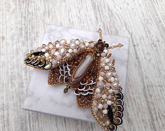 Emperor Moth pin, Pearl brooch, Big bold butterfly brooch pin Beaded  moth brooch,  Cicada jewelry,  Christmas gifts, Mom gift from daughter
