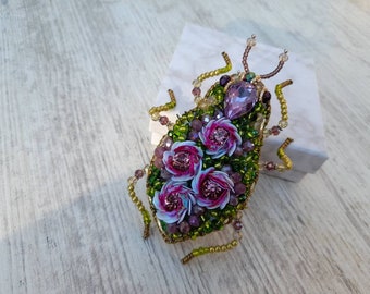 21st Birthday gift for her,Beetle brooch,Bug pin,Lime green pin, Floral brooch,insect brooch pin for backpack, Statement jewelry for women