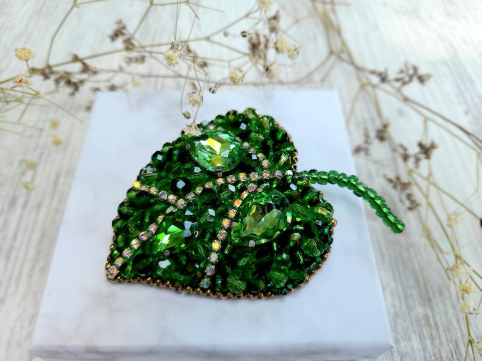 Sparkling Green Crystal Lindens Leave Hand Embroidered Etsy