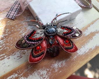 Beaded Butterfly brooch pin, Moth brooch pin, Embroidery brooch pin for evening dress or casual jacket, Insect pin, Halloween gift for her
