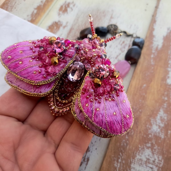 Embroidered Moth butterfly brooch pin for evening dress in pink and berry, Beaded insect brooch pin for her, luxury statement gift for women