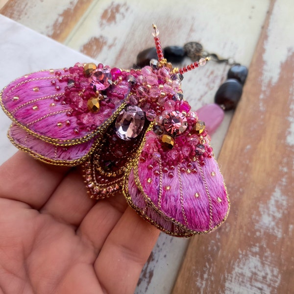 Embroidered Moth butterfly brooch pin for evening dress in pink and berry, Beaded insect brooch pin for her, luxury statement gift for women