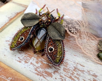 Beaded embroidered pin, Bead Cicada brooch, Moth Butterfly brooch pin, Mom gift from daughter, Large insect pin Teacher appreciation gift