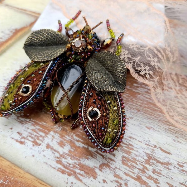 Beaded embroidered pin, Bead Cicada brooch, Moth Butterfly brooch pin, Mom gift from daughter, Large insect pin Teacher appreciation gift