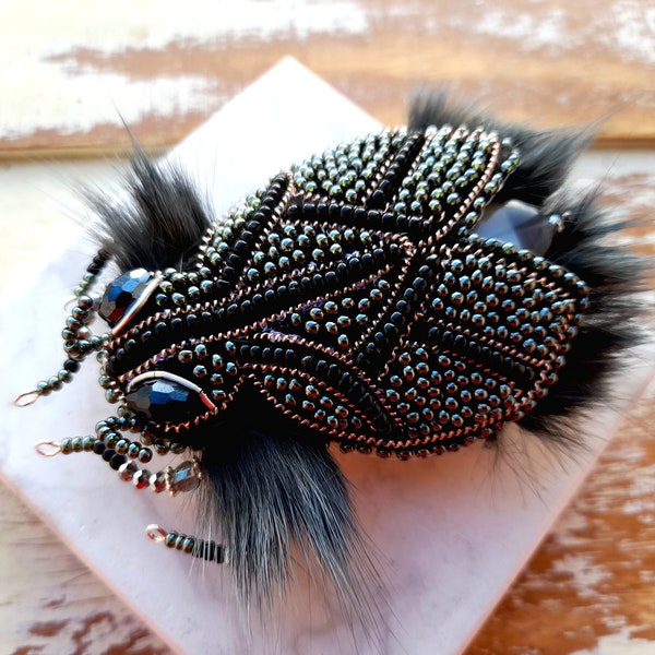 Furry Beetle brooch pin Embroidered jewelry Beaded brooch pin Insect art pin Statement jewelry Unique jewelry Bug pin Christmas gift for her