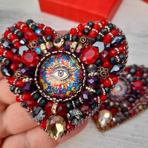 Evil eye brooch pin, Evil eye jewellery, Embroidery brooch Heart brooch Evil heart eye brooch Heart shape Beaded Eye Christmas Gift for luck