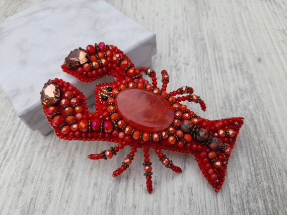 Blue Lobster Hand-Embroidered Brooch Pin Blue Lobster Hand-Embroidered Brooch Pin