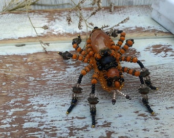 Broszka pająk z czerwonego agatu, biżuteria z kamieni szlachetnych, koralikowa broszka pająk z koralikowym owadem, duża szpilka do szala na jesienny kapelusz, prezent na Halloween