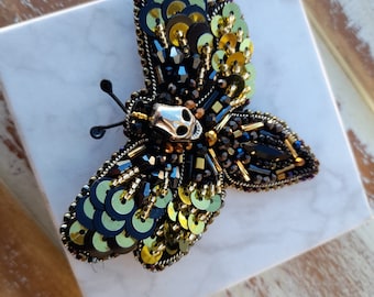 Gothic Art nouveau Death's Head Hawkmoth, Moth pin brooch, bead butterfly brooch pin for woman jacket winter coat, Christmas gift for Goth