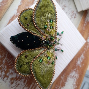 May include: An intricately embroidered moth brooch. The wings are a textured olive green, outlined with gold beads. The body is a deep forest green, with accents of green and clear beads. The brooch is set on a white surface.