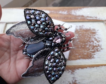 Beaded beetle brooch pin pure black pearl jewelry, bug brooch pin, Beaded Cicada brooch,  Moon moth butterfly brooch, Mother's day gift
