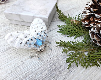 Beaded Moth pin brooch Embroidery insect pin for winter coat, Holiday jewellery, White Butterfly pin, Christmas gift for Mom from daughter