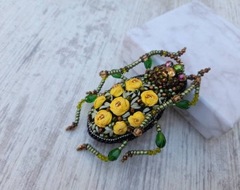 Beetle brooch pin  Embroidery floral jewelry 40th birthday gift for wife, Beaded insect bug brooch pin, Unique Statement handstitch jewelry