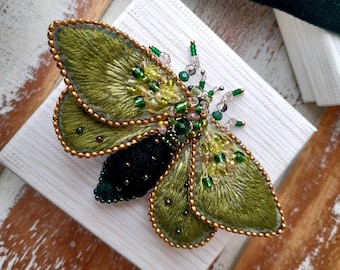 Hand Embroidered Moth butterfly brooch pin for woman jacket, Mother's day gift for Mom, Beaded insect brooch pin for her, Appreciation gift