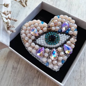 Eye brooch pin Evil eye jewellery Heart brooch Evil heart eye brooch Heart shape Beaded Eye Gift for luck Amulet Talisman Embroidered brooch