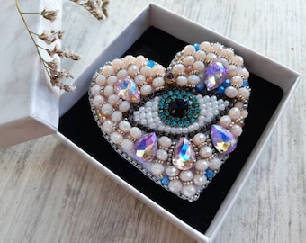 Eye brooch pin Evil eye jewellery Heart brooch Evil heart eye brooch Heart shape Beaded Eye Gift for luck Amulet Talisman Embroidered brooch