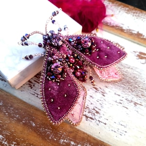 Embroidered Moth butterfly brooch pin for evening dress in pink and berry, Beaded insect brooch pin for her, luxury statement gift for women
