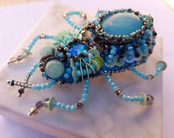 Beetle brooch pin, Gemstone Aquamarine brooch, March birthstone jewelry, Beaded pin, Stress relief gift for her, Birthday gift for Pisces