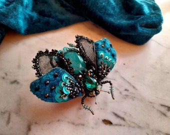 Moth butterfly brooch pin, bead bug brooch pin, Embroidery brooch pin for backpack, Insect pin, Anniversary gift for wife Bead beetle brooch