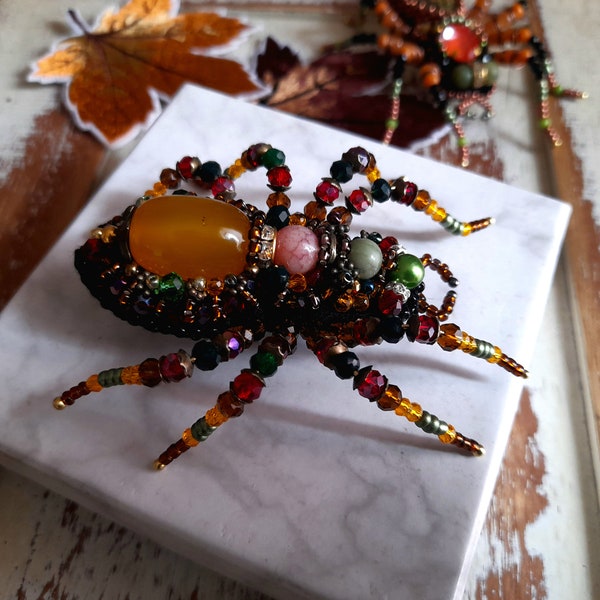Handmade beaded Spider brooch for Autumn jacket, pin for winter coat, statement luxury brooch for classy women, Thanksgiving gift for her