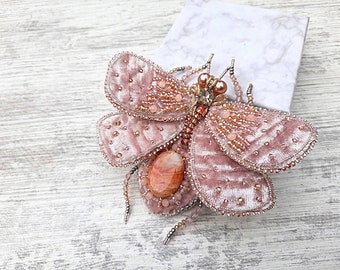 Moth butterfly pin, Butterfly brooch, Agate jewelry, Large pin, Velvet brooch, Moth jewelry, Textile brooch Beetle pin, Moth classy  brooch