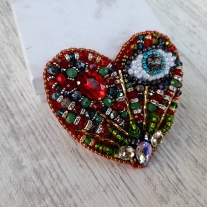 Sacred Heart Eye Beaded Crystal Brooch, Red Multicolor Heart brooch,Embroidery Heart Pin,Magic Eye boho vintage style brooch girlfriend gift