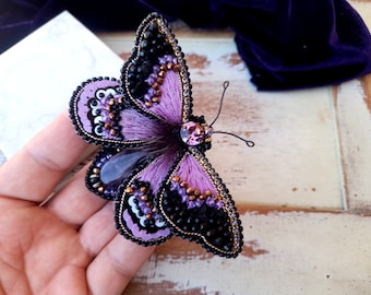 Hand Embroidered Moth butterfly brooch pin for woman jacket, Mother's day gift for Mom from daughter, Beaded insect brooch pin for her hat