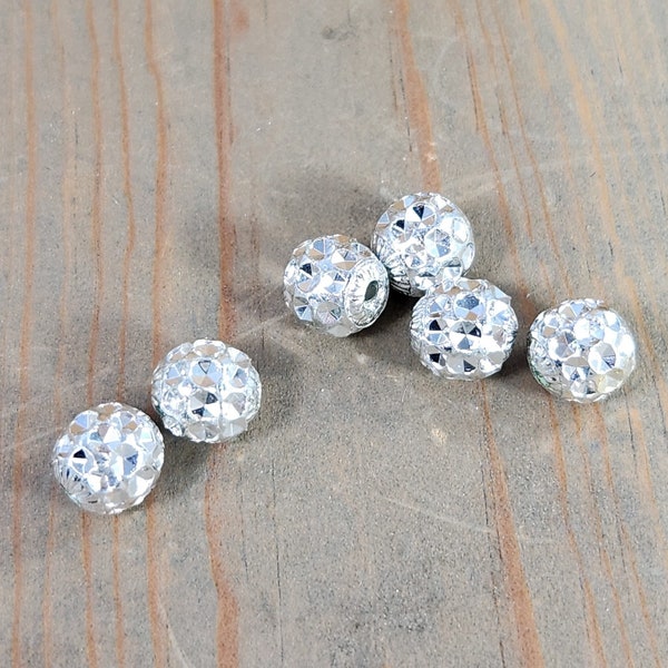 6 Pcs 7mm Round Disco Ball Silver Tone Vintage Spacer Beads with Indent / Divot Pattern, Lightweight Shiny / Sparkly Coated Resin / Acrylic