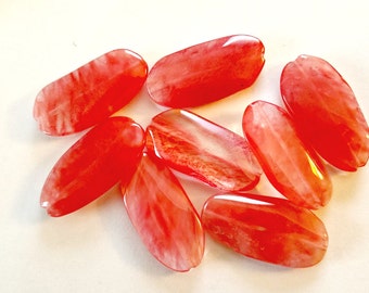 Large Cherry Quartz Oblong Beads, Watermelon Pink Long Focal Beads, Flat Oval Peach Glass Statement Beads, 50mm x 20mm