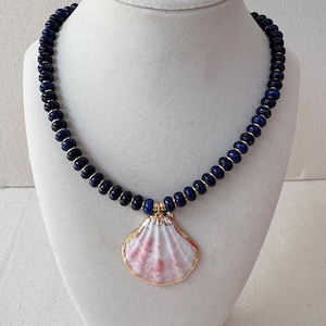 Handmade Dark Navy Lapis Lazul Gemstone Necklace with Scallop Shell Pendant
