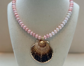 Handmade Liliac Colored Opal Rondelle Beaded Necklace with Scallop Shell Pendant