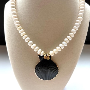 Handmade Cream Colored Jade Bead Necklace with Black Scallop Shell Pendant