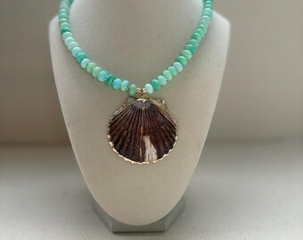 Handmade 17" Mint Green Opal Beaded Necklace with Scallop Shell Pendant