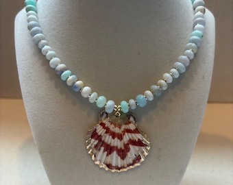 Handmade 17" Natural Aqua Smooth Rondelle Opal Beaded Necklace with Scallop Shell Pendant