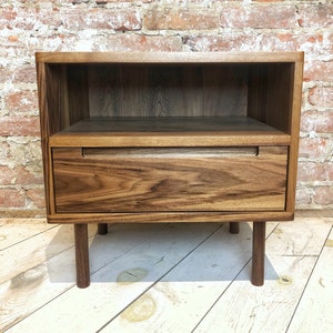 Mid Century Night Stand Bedside Table with Drawer and Shelf in Solid Wood