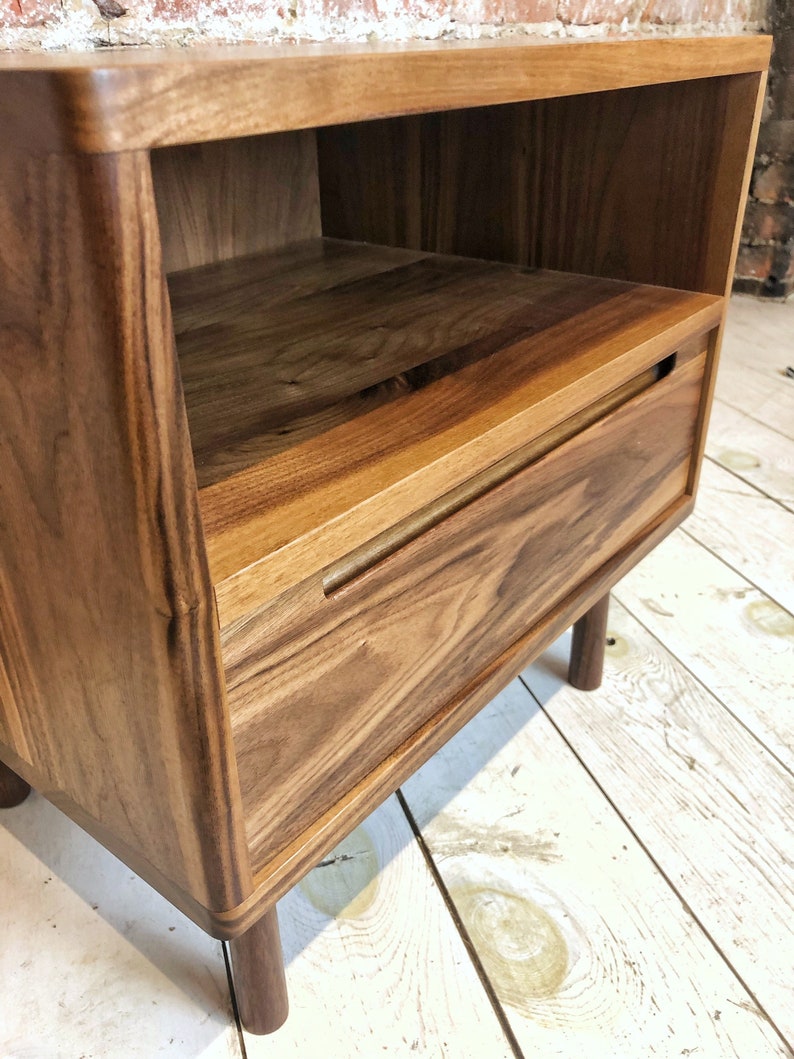 Mid Century Night Stand Bedside Table with Drawer and Shelf in Solid Wood image 2