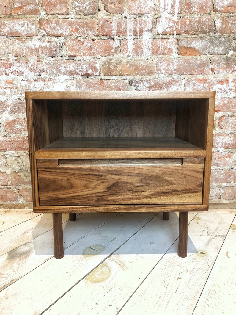 Mid Century Night Stand Bedside Table with Drawer and Shelf in Solid Wood image 1