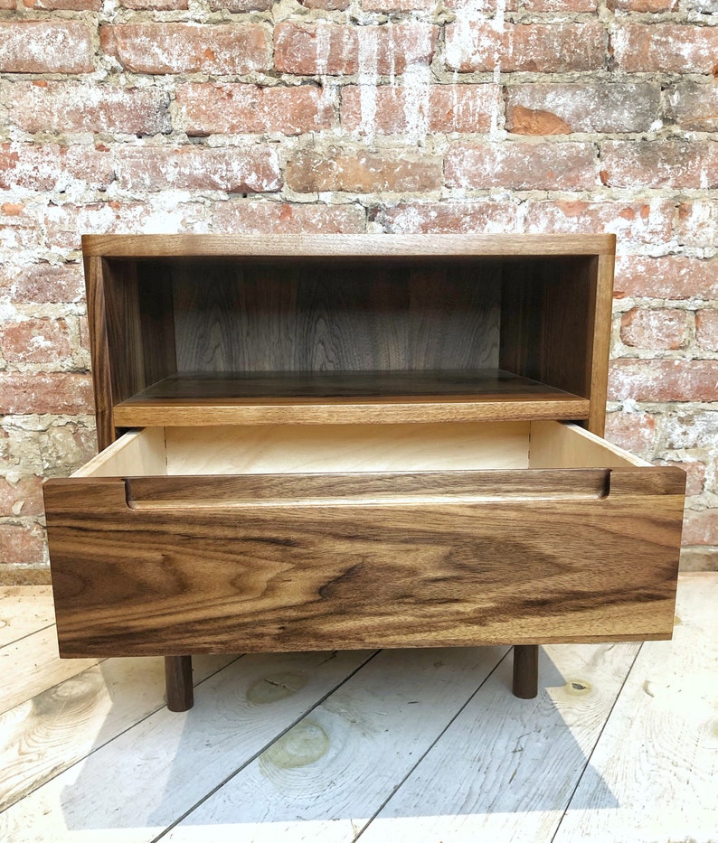 Mid Century Night Stand Bedside Table with Drawer and Shelf in Solid Wood image 4