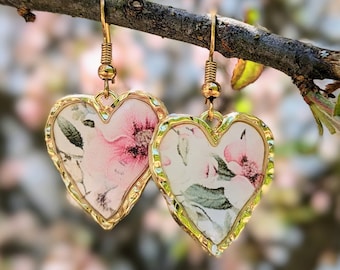 Heart Dangle Earrings, Heart Drop Earrings, Gold Heart Earrings,  Floral Dangle Earrings, Gold Dangle Earrings, Resin Earrings