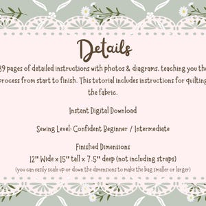 May include: A digital download with details for a sewing project. The text reads "Details" and includes information about the instructions, sewing level, and finished dimensions: 30 cm wide x 38 cm tall x 19 cm deep.