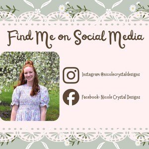 May include: A pale pink background with the text "Find Me on Social Media" in brown script. The image includes a photo of a woman and social media icons for Instagram and Facebook.