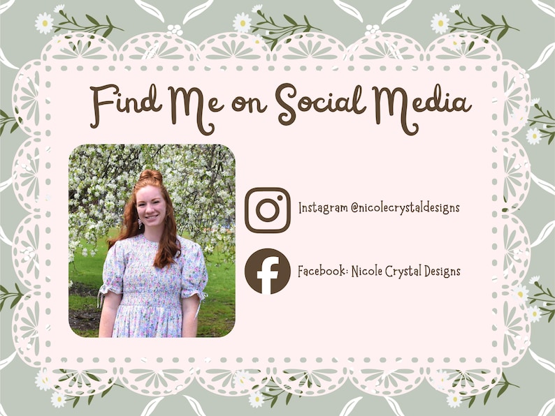 May include: A pale pink background with the text "Find Me on Social Media" in brown script. The image includes a photo of a woman and social media icons for Instagram and Facebook.