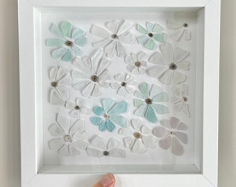 Beachglass Daisy Shadowbox | Michigan Beach Glass | Michigan Art | Beach Rock Glass Display | Michigan Rocks Shadowbox | Lake Michigan Gift